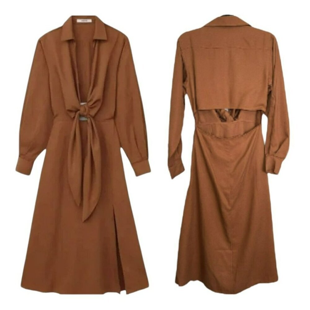 Thakoon Tie Front Open Back Long Sleeve Midi Dress Brown NWT Sz 2